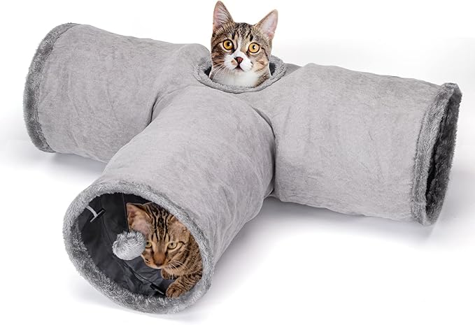 Nobleza 3 Way Collapsible Cat Tunnel Toy in Suede for Indoor Adult Cats, Large Play Tube With Suspended Ball, Peek Hole, Crinkle Sound for Rabbit Kitten, D25*L80*W30cm, Gray